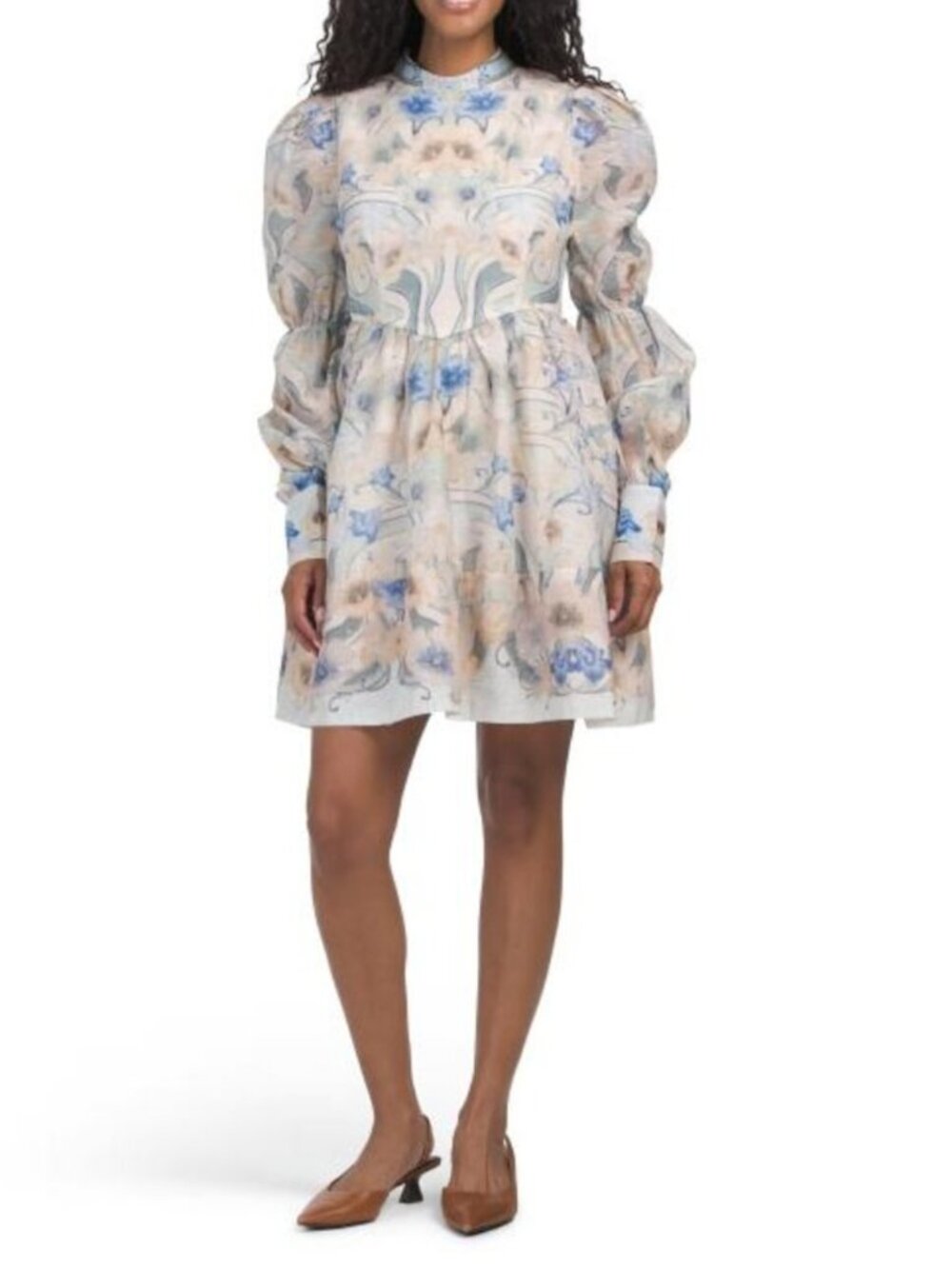 NANCY YANG Balloon Sleeve Mock Neck Mini Dress